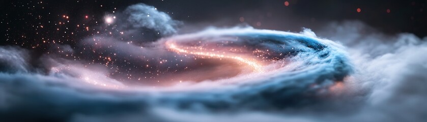 Poster - A vibrant display of swirling blue and purple nebula clouds is softly illuminated by glowing trails of light. The dark center provides a perfect canvas for striking text placement