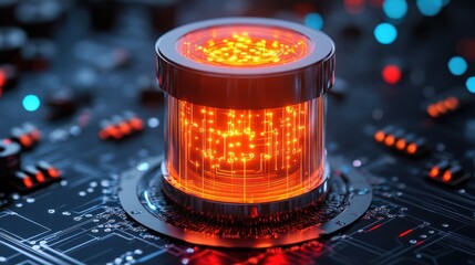 Poster - Glowing orange circuits inside a metallic container on a circuit board.