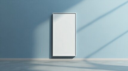 Poster - Mock Up Vertical Signboard Displayed on a Light Blue Wall with Soft Shadows in a Minimalist Interior Space for Creative Business and Design