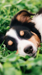 sleeping tricolor puppy nestled in green grass showcasing peaceful rest and natural surroundings in 