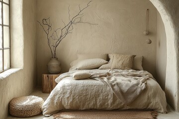 Wall Mural - Cozy bedroom with neutral tones featuring soft bedding and natural decor for a peaceful atmosphere in a serene setting