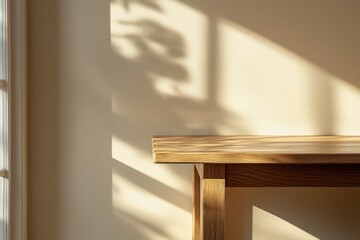 Wall Mural - Sunlight casts delicate shadows on a wooden table beside a window in a cozy room during the afternoon