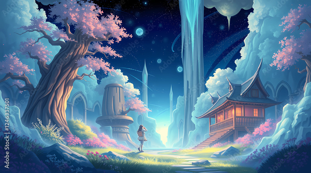 Magical Fantasy Landscape Digital Art with Cherry Blossom Tree and ...