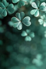 Poster - A vibrant design showcases floating shamrocks in various sizes, softly glowing against a blurred green gradient. The background offers space for text and adds a festive touch to creative projects