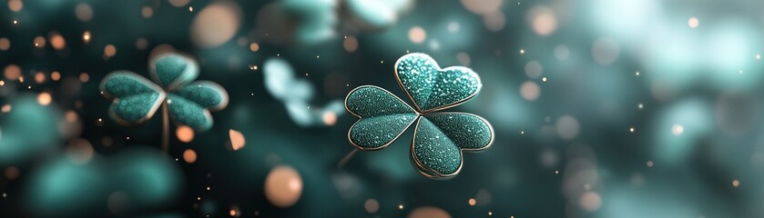 Poster - Floating shamrocks in various sizes create a playful and whimsical atmosphere. Their soft glow stands out beautifully against a blurred gradient of dark to light green