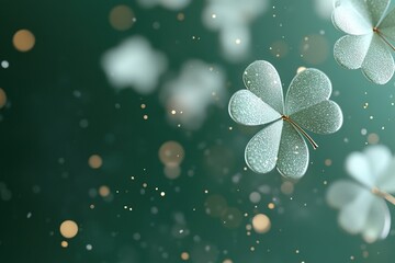Poster - Floating shamrocks in various sizes softly glow against a blurred green gradient, creating a playful abstract design. The background leaves space for text and captures a whimsical atmosphere