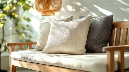 Wall Mural - Cozy indoor seating area with decorative pillows and natural light streaming through the window in a serene living space