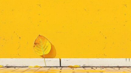 Aufkleber - A vibrant yellow wall with a single leaf resting against the base, creating a striking contrast