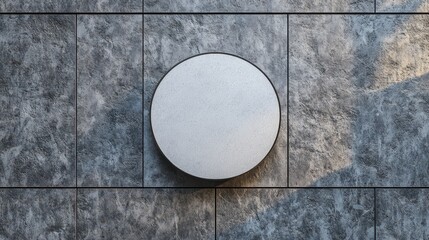Poster - Blank Round Signboard Mounted on Textured Granite Wall, Ideal for Customization or Artistic Display in Modern Architecture Context