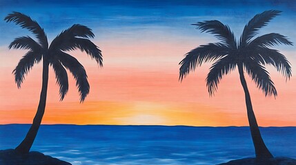 Wall Mural - A Beautiful Sunset Over Calm Waters with Palm Trees Framing the Tropical Paradise