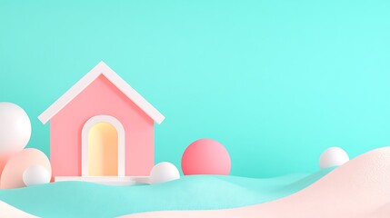 Wall Mural - A Minimalist House Nestled Among Gentle Hills Under a Soft Pastel Sky