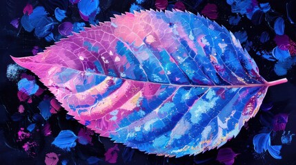 Aufkleber - vibrant close-up of a colorful leaf against a dark background with abstract paint splashes