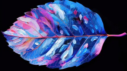 Aufkleber - vibrant blue and pink leaf illustration showcasing intricate details against a black backdrop