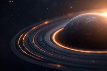 Poster - Orbiting planets with radiant rings subtly blend into a dark background, creating an ethereal space environment that evokes a sense of wonder and exploration