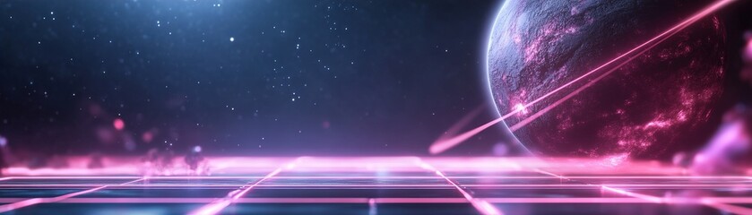Poster - A glowing planet appears within a sleek dark cosmic background, framed by neon grid lines and soft-focus digital elements, inviting space exploration in the modern setting