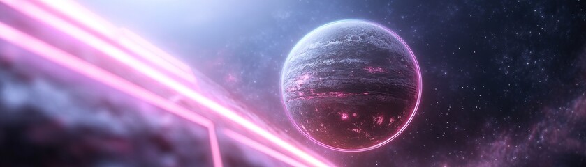 Poster - A glowing planet hovers against a dark cosmic backdrop, surrounded by vibrant neon grid lines and soft-focus digital elements. The modern text area invites creative expressions