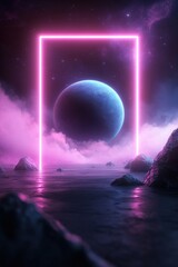 Poster - A vibrant cosmic landscape features a glowing planet amidst dark surroundings, framed with neon lines and soft-focus digital elements, creating a modern and immersive atmosphere