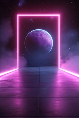 Poster - Dark cosmic backdrop features a glowing planet in the distance, enclosed by bright neon grid lines. Soft-focus digital elements enhance the modern aesthetic, perfect for futuristic themes