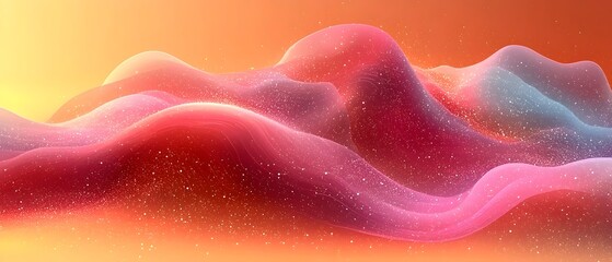 Poster - A stunning abstract landscape featuring flowing waves of vibrant pink and orange hues, evoking a sense of serenity and dreaminess, enhanced by sparkling elements for a magical effect.