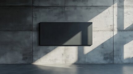 Poster - Mockup of a Glossy Metal Plaque on a Concrete Wall with Shadow Play and Minimalist Design in Modern Interior Setting