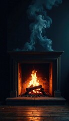 Smoke-filled mist surrounds a darkened fireplace, mantels, warm glow, fireplace embers coals flames wood smoke