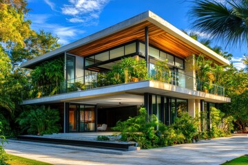 Wall Mural - Tropical modern home exterior, lush landscaping, sunny day, real estate listing