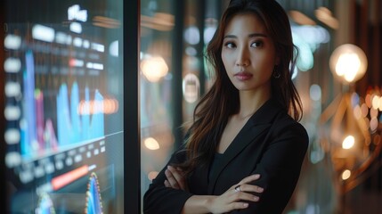 Poster - Business professional analyzing data in a modern office setting with digital displays at night