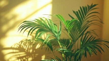 Poster - Lush tropical palm fronds are beautifully contrasted against a bright yellow background. The interplay of light and shadow adds depth and vibrancy, perfect for tropical-themed projects