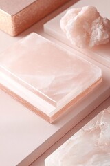 Poster - A soft structural acrylic arrangement in blush pink and rose gold showcases luxury branding aesthetics. This design element exudes a refined, feminine appeal in a tranquil setting