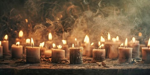 Poster - A bunch of candles are lit and are surrounded by smoke