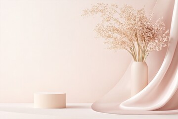 Poster - A graceful arrangement features soft acrylic shapes in blush pink and rose gold, enhanced by delicate dried flowers in a sleek vase, embodying refined luxury