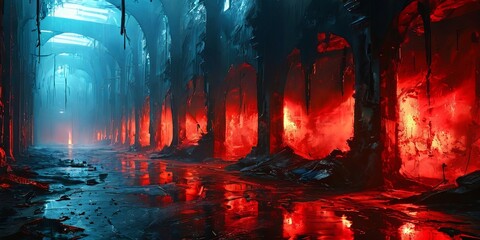 Poster - A long tunnel with red and blue lights