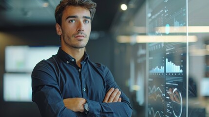 Poster - Professional man analyzing data in a modern corporate office environment during the day