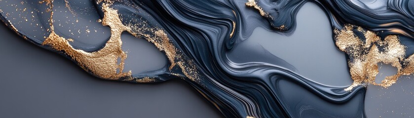 Poster - Brushstrokes of deep navy and emerald create a textured artwork highlighted with flowing gold leaf, showcasing a premium artistic style ideal for brand identity enhancement