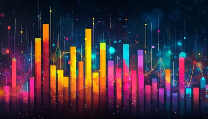 Poster - Vibrant Financial Chart with Overlaid Line Graphs, Bars, and Data Points on Dark Background