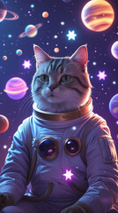  A Relaxed Space Cat Surrounded by Glowing Planets and Stars