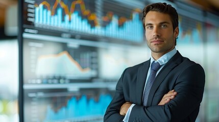 Poster - Professional man stands confidently in front of financial data displays in a modern office environment