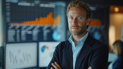 Poster - Professional man standing confidently in a modern office surrounded by data analysis displays and digital graphs