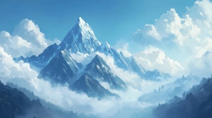 Aufkleber - A serene mountain landscape with snow-capped peaks and fluffy clouds in a blue sky.
