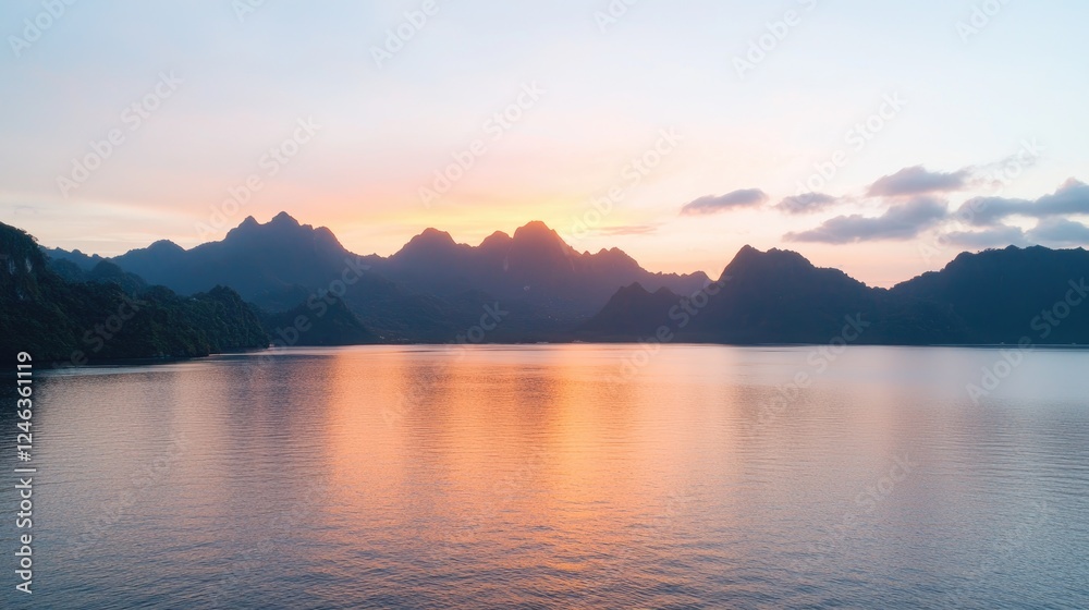Sunset over tranquil bay, mountains reflecting in calm water, peaceful landscape, travel postcard