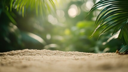 Poster - A serene sandy foreground with lush greenery blurred in the background, evoking tranquility.