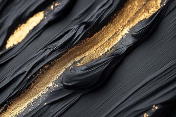 Wall Mural - Thick acrylic strokes in deep matte black contrast with shimmering gold streaks, forming a striking visual that enhances luxury branding and packaging