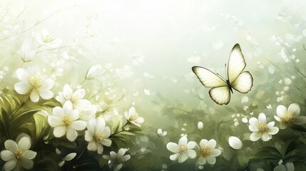 Aufkleber - A serene scene featuring a butterfly amidst blooming white flowers in a soft, dreamy background.
