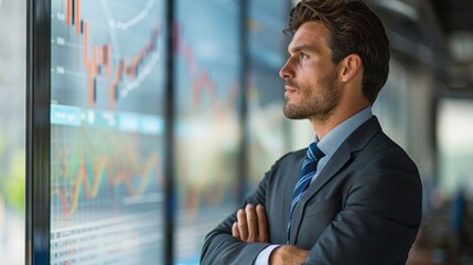 Poster - Professional man analyzing financial data on screens in a modern office setting during daytime