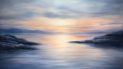 Aufkleber - A serene seascape at sunset, featuring calm waters and distant mountains.