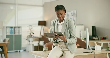 Poster - Business, employee and black woman with a tablet, typing and smile with connection, social media and contact. African person, happy consultant or entrepreneur with technology, internet or digital app