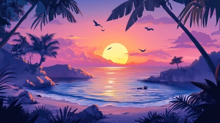 Poster - A serene sunset over a tropical beach, surrounded by palm trees and gentle waves.