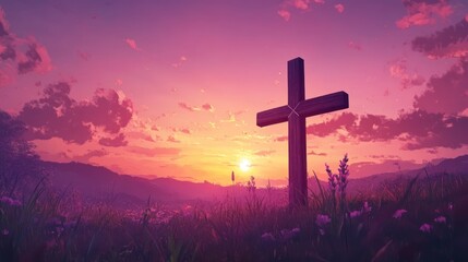 Poster - A serene sunset scene featuring a cross in a field, symbolizing hope and reflection.
