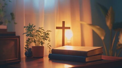 Aufkleber - A serene table setting with books, a cross, a plant, and soft lighting for reflection.