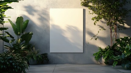 Wall Mural - Empty Canvas Displayed on a Wall Surrounded by Lush Greenery and Soft Shadows in a Bright Natural Environment